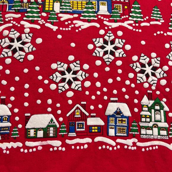 Vintage 90s Holiday Village Puffy Print Graphic Sweatshirt Winter Christmas Red - Picture 2 of 6